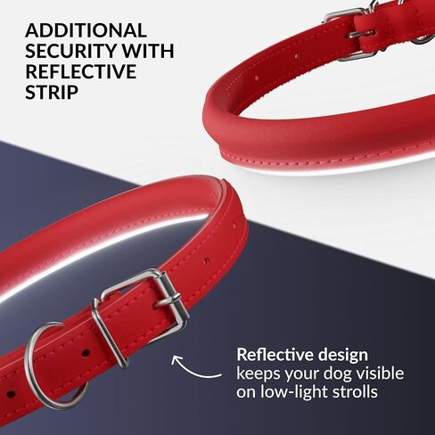 CollarDirect Reflective Rolled Leather Dog Collar, Soft Padded Round Puppy Collar, Handmade Genuine Leather Collar Dog Small Large Cat Collars 13 Colors (8-11 Inch, Red Reflective) in Kuwait