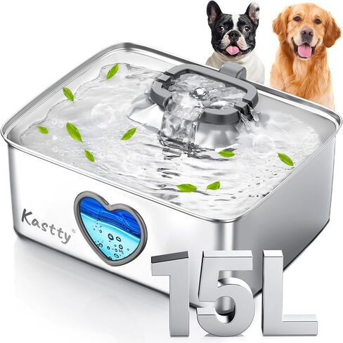 Kastty Large Dog Water Fountain, 15l/4gal Stainless Steel AUTO Pet Water Bowl Dispenser Indoor, 5-Stage Filtration, Dual-Color LED, Visual Window, Quiet, for Large Medium Dogs & Multi-Pet, FS80 in Kuwait