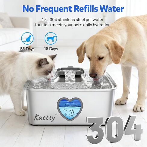Kastty Large Dog Water Fountain, 15l/4gal Stainless Steel AUTO Pet Water Bowl Dispenser Indoor, 5-Stage Filtration, Dual-Color LED, Visual Window, Quiet, for Large Medium Dogs & Multi-Pet, FS80 in Kuwait