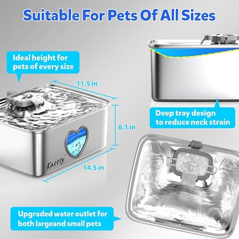 Kastty Large Dog Water Fountain, 15l/4gal Stainless Steel AUTO Pet Water Bowl Dispenser Indoor, 5-Stage Filtration, Dual-Color LED, Visual Window, Quiet, for Large Medium Dogs & Multi-Pet, FS80 in Kuwait