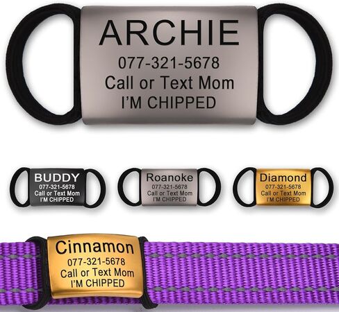 Personalized Engraved Stainless Steel Pet Tag, Sliding Silent Pet ID Tag, Elastic Fabric Band-Not Easy to Break, Fits Most Pet Collars, 3 Sizes, Customizable with Name/Number/Adress, Black in Kuwait