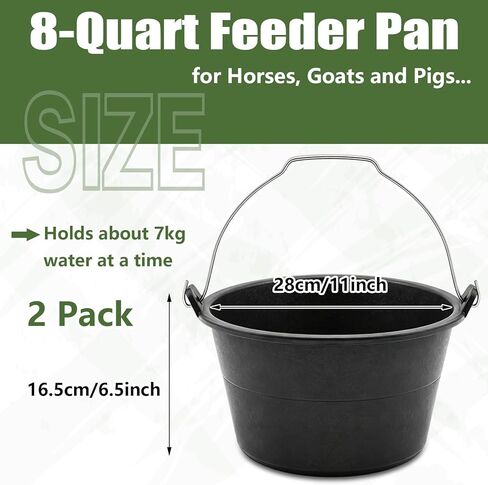 Sadnyy 2 Pcs Feeder Buckets, 8 Quart / 2 Gallon Ox Tendon Horse Feed Bucket with Handle Large Utility Feed Pan Dog Bowl Horse Feeder for Goats Horses Animal Feeding, 11.5 x 6.3 Inches in Kuwait