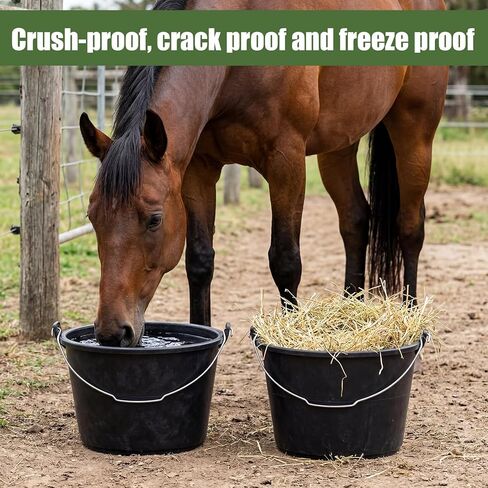Sadnyy 2 Pcs Feeder Buckets, 8 Quart / 2 Gallon Ox Tendon Horse Feed Bucket with Handle Large Utility Feed Pan Dog Bowl Horse Feeder for Goats Horses Animal Feeding, 11.5 x 6.3 Inches in Kuwait
