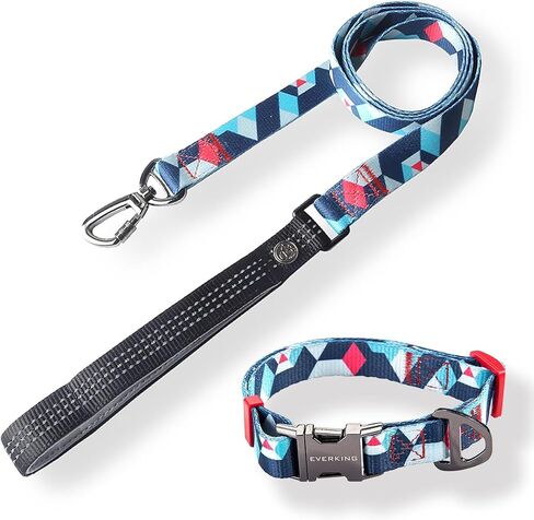 EVERKING Dog Collar and Leash Set, Durable Woven Polyester, Heavy-Duty Metal Buckle, Reflective Handle for Night Safety, Adjustable, Comfortable for Small Medium Large Dogs (Sky Blue Geo, L) in Kuwait