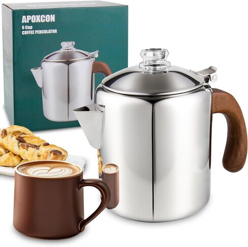 APOXCON Coffee Percolator Stainless Steel Coffee Maker with Fireproof Solid Wood Handle & Tough Glass Clear Brew Progress Knob Camping Coffee Pot Using on any Stovetop NO Aluminum NO Plastic (6 Cup) in Saudi Arabia