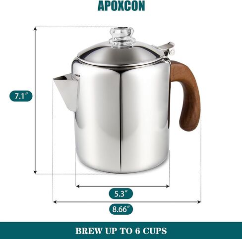 APOXCON Coffee Percolator Stainless Steel Coffee Maker with Fireproof Solid Wood Handle & Tough Glass Clear Brew Progress Knob Camping Coffee Pot Using on any Stovetop NO Aluminum NO Plastic (6 Cup) in Saudi Arabia