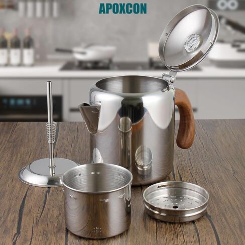APOXCON Coffee Percolator Stainless Steel Coffee Maker with Fireproof Solid Wood Handle & Tough Glass Clear Brew Progress Knob Camping Coffee Pot Using on any Stovetop NO Aluminum NO Plastic (6 Cup) in Saudi Arabia