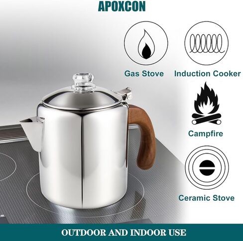 APOXCON Coffee Percolator Stainless Steel Coffee Maker with Fireproof Solid Wood Handle & Tough Glass Clear Brew Progress Knob Camping Coffee Pot Using on any Stovetop NO Aluminum NO Plastic (6 Cup) in Saudi Arabia