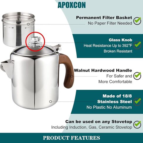 APOXCON Coffee Percolator Stainless Steel Coffee Maker with Fireproof Solid Wood Handle & Tough Glass Clear Brew Progress Knob Camping Coffee Pot Using on any Stovetop NO Aluminum NO Plastic (6 Cup) in Saudi Arabia