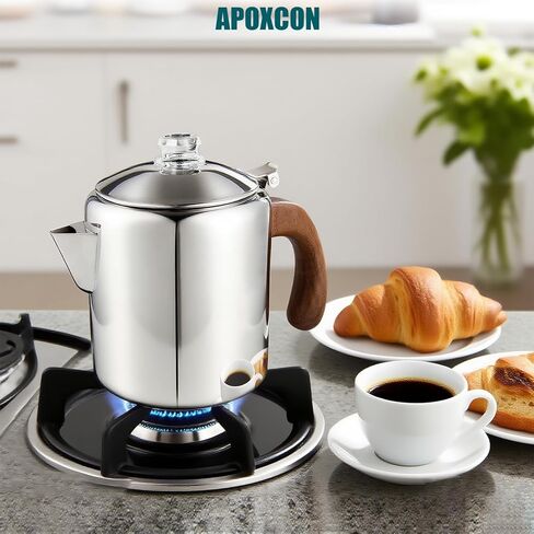 APOXCON Coffee Percolator Stainless Steel Coffee Maker with Fireproof Solid Wood Handle & Tough Glass Clear Brew Progress Knob Camping Coffee Pot Using on any Stovetop NO Aluminum NO Plastic (6 Cup) in Saudi Arabia
