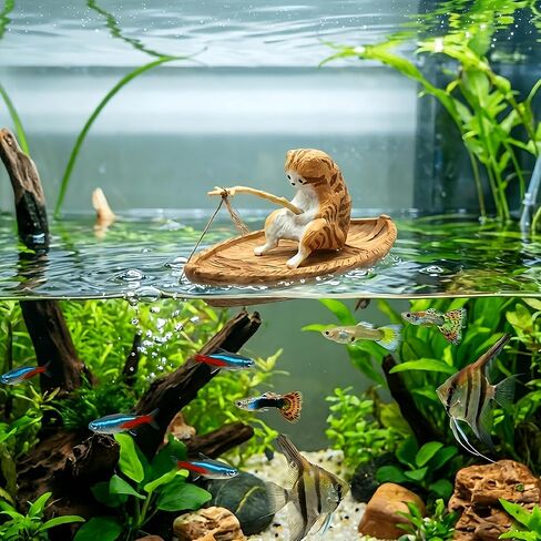 Cat Aquarium Decoration Resin Fish Tank Ornament Ocean Theme Mini Landscape Decor Cute Fishing Scene Tank Accessory for Aquariums Home Desktop Decoration in Kuwait