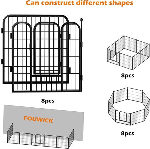 fouwick 24 "H x 24" W Dog Playpen 8 لوحات، قلم تدريب الجرو المعدني الأسود، حاوية الحيوانات الأليفة المحمولة القابلة للطي للداخلية / الخارجية، لا يوجد سياج للحفر للكلاب الصغيرة والأرانب in Kuwait
