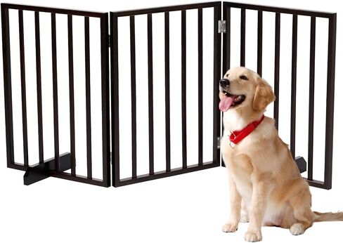 BONNLO Free Standing Dog Gate Indoor, Foldable Pet Gate for Dogs and Puppy, 24" Height Wooden Dog Gates for Doorways Extra Wide/Stairs/Hallways (Walnut, 3 Panel) in Kuwait