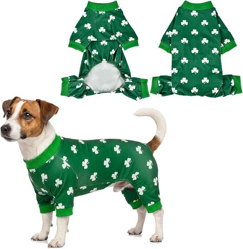 Saint Patrick’s Day Dog Pajamas Clover Pattern Dog Onesie Jumpsuit Soft Irish Festival Themed Pet PJs Outfit Costume Clothes for Small Medium-Large Breeds(Clover) in Kuwait