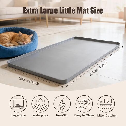 Silicone Cat Litter Mat 24x20 in Waterproof Litter Box Mat Leak-Proof Thick Under Kitty Litter Box Feeding Tray with Raised Edges for Floor Carpet, Grey in Kuwait
