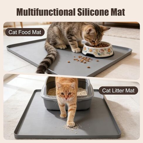 Silicone Cat Litter Mat 24x20 in Waterproof Litter Box Mat Leak-Proof Thick Under Kitty Litter Box Feeding Tray with Raised Edges for Floor Carpet, Grey in Kuwait