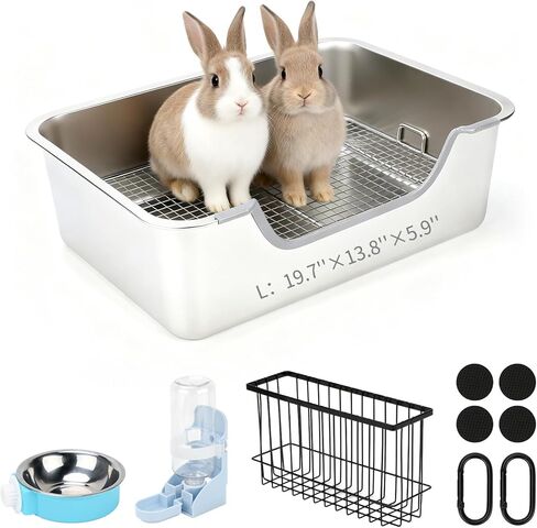 YUEPET 4-in-1 Large Rabbit Litter Box, Non-Slip Stainless Steel Litter Boxes with Sifting Grid & Hay Feeder Food Bowl, Easy Cleaning Bunny Litter Box with Odor Control for Rabbits Small Pets（L） in Kuwait