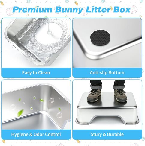 YUEPET 4-in-1 Large Rabbit Litter Box, Non-Slip Stainless Steel Litter Boxes with Sifting Grid & Hay Feeder Food Bowl, Easy Cleaning Bunny Litter Box with Odor Control for Rabbits Small Pets（L） in Kuwait