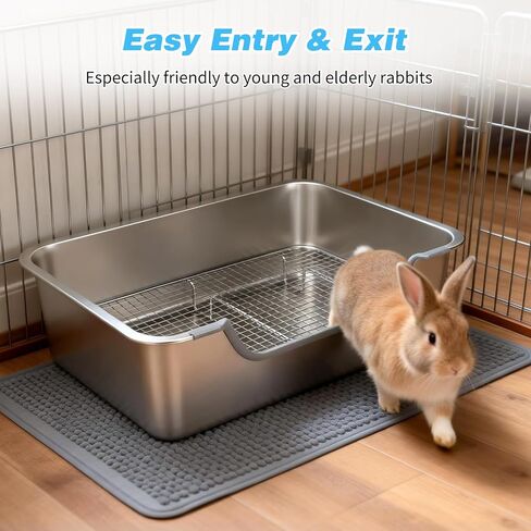 YUEPET 4-in-1 Large Rabbit Litter Box, Non-Slip Stainless Steel Litter Boxes with Sifting Grid & Hay Feeder Food Bowl, Easy Cleaning Bunny Litter Box with Odor Control for Rabbits Small Pets（L） in Kuwait