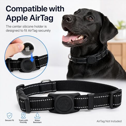 Dog Collar for Apple AirTag, Size M Adjustable 13.8-19.7 inches,Secure Silicone AirTag Holder, Adjustable Breathable Nylon, Quick Release Buckle for Dogs（Black） in Kuwait