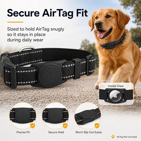 Dog Collar for Apple AirTag, Size M Adjustable 13.8-19.7 inches,Secure Silicone AirTag Holder, Adjustable Breathable Nylon, Quick Release Buckle for Dogs（Black） in Kuwait