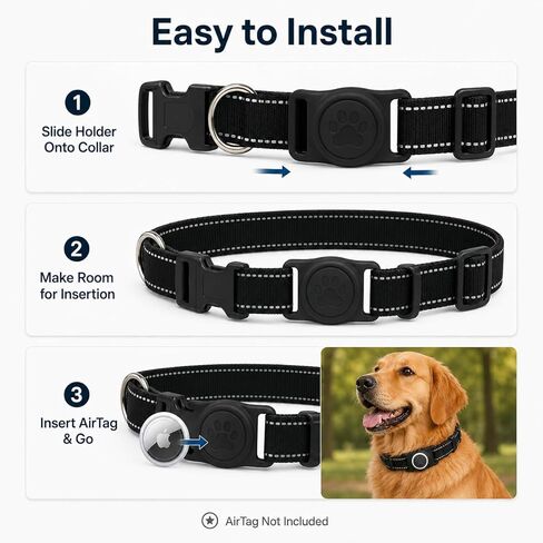Dog Collar for Apple AirTag, Size M Adjustable 13.8-19.7 inches,Secure Silicone AirTag Holder, Adjustable Breathable Nylon, Quick Release Buckle for Dogs（Black） in Kuwait