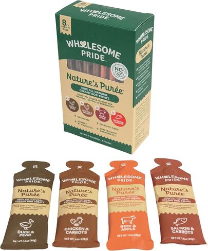 مكافآت الكلاب الكريمية من Wholesome Pride Nature's Purée، مكافأة قابلة للعصر ولعق، أكياس بحجم 1.4 أونصة، 8 قطع، حزمة متنوعة من 4 نكهات in Saudi Arabia