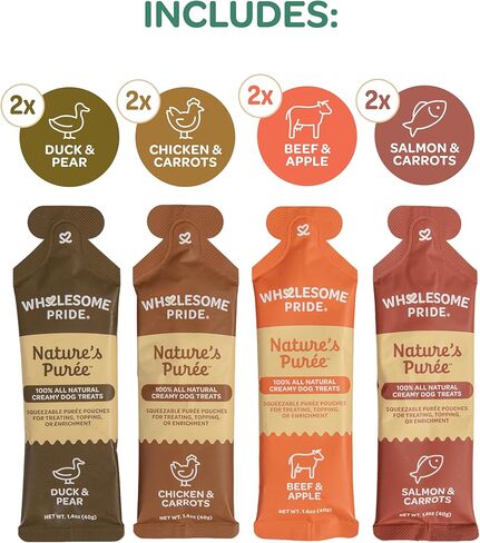 مكافآت الكلاب الكريمية من Wholesome Pride Nature's Purée، مكافأة قابلة للعصر ولعق، أكياس بحجم 1.4 أونصة، 8 قطع، حزمة متنوعة من 4 نكهات in Saudi Arabia