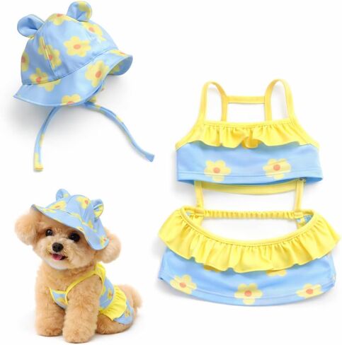 Dog Bikini Swimsuit with Matching Sun Hat, 2 Piece Ruffle Puppy Bathing Suit for Small Dogs, Cute Summer Beach Pool Party Outfit, Pink, S in Kuwait