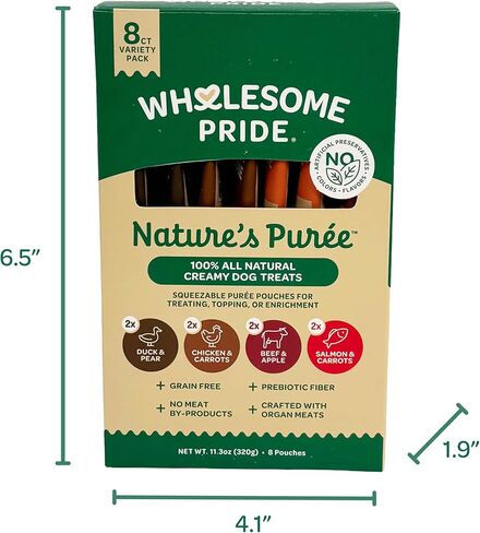 مكافآت الكلاب الكريمية من Wholesome Pride Nature's Purée، مكافأة قابلة للعصر ولعق، أكياس بحجم 1.4 أونصة، 8 قطع، حزمة متنوعة من 4 نكهات in Saudi Arabia