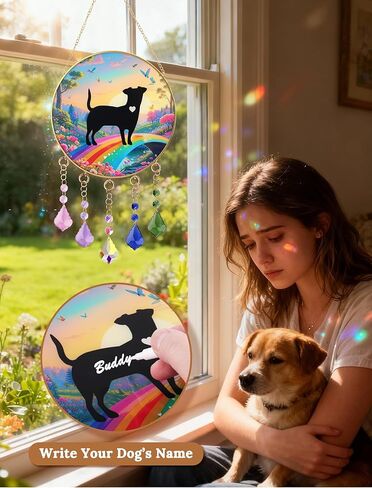 Real Glass Rainbow Bridge Dog Memorial Gifts for Loss of Dog, 3-in-1 Personalized Suncatcher with Crystal Prism & Wind Chime,8-inch in Kuwait