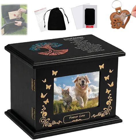 Pet Memorial Urn for Dogs Ashes, Large Solid Wood Memory Box with Photo Frame Holds Ashes, Collars, Toys, Includes Paw Print Kit & Leather Keepsake Keychain, 11x6.7x7.9in (Black) in Kuwait