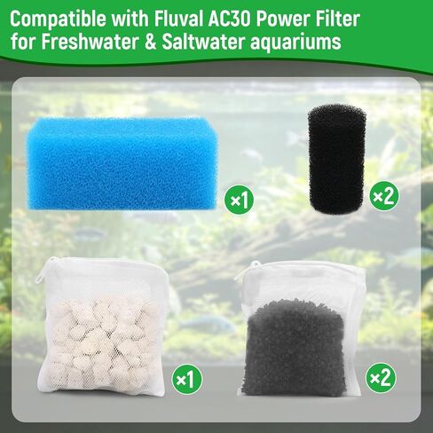 مجموعة صيانة وسائط فلتر حوض السمك AC30 المتوافقة مع مرشحات الطاقة فلوفال AC30، تتضمن 1 رغوة زرقاء، 2 كربون منشط، 1 كريات بيوماكس، 2 إسفنجة مصفاة سحب، للمياه العذبة والمياه المالحة in Kuwait