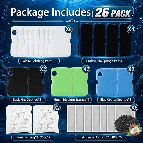 26 Pack Aquarium Filter Replacement Media Kit for Penn-Plax Cascade 700/1000 CCF2UL/CCF3UL, Includes Carbon Bio-Sponge Pad, White Floss, Activated Carbon, Ceramic Rings, Black, Green, Blue Foam Pad in Kuwait