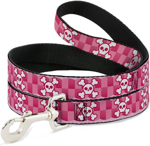 Buckle-Down Pet Leash - Cute Skulls w/Checkers Pinks/White - 4 Feet Long - 1" Wide in Kuwait