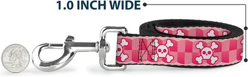 Buckle-Down Pet Leash - Cute Skulls w/Checkers Pinks/White - 4 Feet Long - 1" Wide in Kuwait