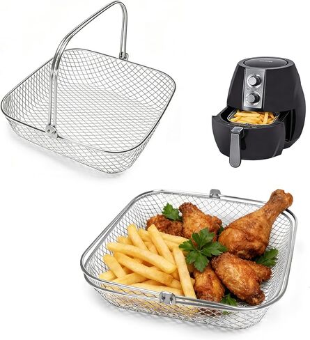 8Qt Replacement Airfryer Basket, Air Fryer Basket Square Stainless, Mesh Air Fryer Baskets with Handles, Stainles Steel Steamer Baskets for Airfryer, 2 Pack in Kuwait