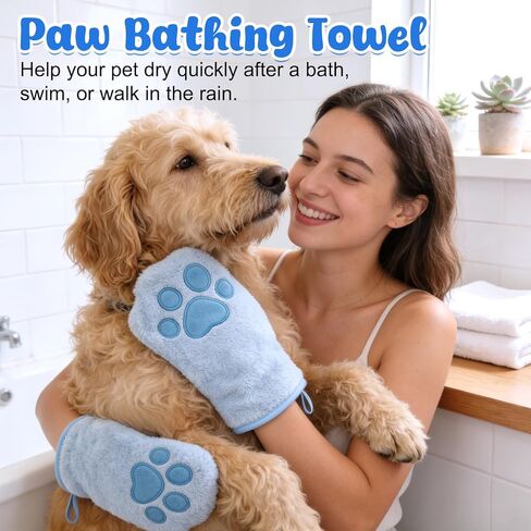 Paw Bathing Towel for Cats Puppy, Reusable Absorbent Quick-Dry Pet Grooming Towel, Soft Bath Mitt for Dirt Odor Removal, Daily Care and Travel, for Dogs & Cats (Blue+Grey) in Saudi Arabia