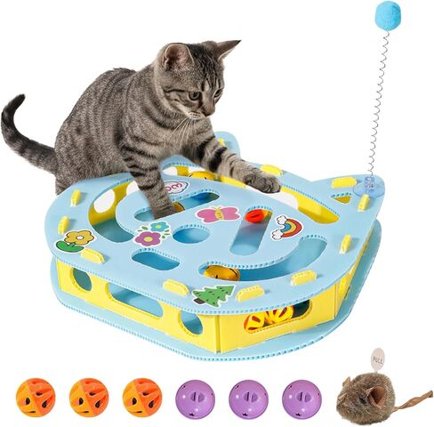 Interactive Kitty Puzzle Toy with Spring Wand Game Board, Maze Activity Playset for Indoor Cat, Rolling Ball Entertainment for Kitten Puppet in Kuwait