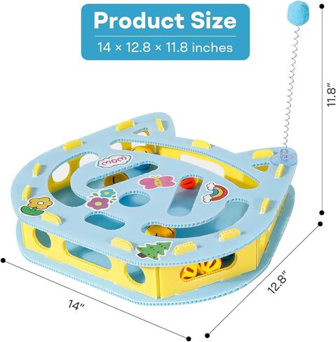 Interactive Kitty Puzzle Toy with Spring Wand Game Board, Maze Activity Playset for Indoor Cat, Rolling Ball Entertainment for Kitten Puppet in Kuwait