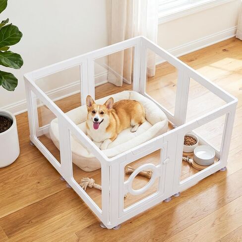 JEKO&JEKO Clear Acrylic Dog Playpen Indoor, Transparent Pet Play Pen for Puppies, Small Dogs, Cats & Rabbits, Easy Assemble Plastic Dog Fence, Easy to Clean (White, 10 Panels) in Kuwait