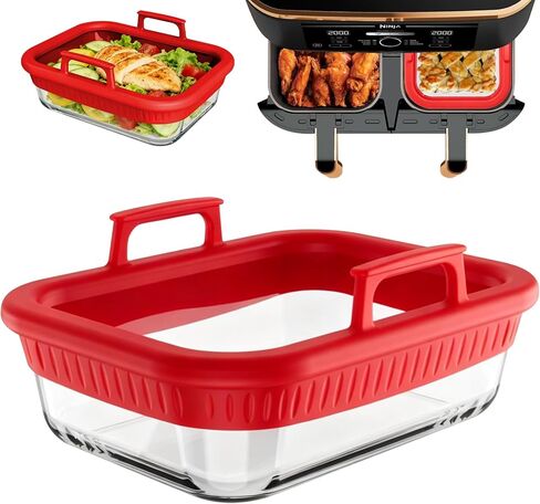 Glass Air Fryer Liners with Silicone Handles, Reusable Liners for Ninja Dual Basket 9 Qt, Square Air Fryer 4 Qt & Oven Air Fryer Heat-resistant, Dishwasher-safe, BPA-free (1 Compartment-Black) in Kuwait