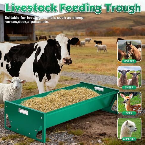 15 Gal Goat Feeder, Deer Feeder Livestock Feeding Metal Trough 39.4 Inch Heavy-Duty Galvanized Portable Pig Feeder for Farms Alpacas Hay Feeder for Goats, Calves, Sheep, Horses Deer (Dark Green) in Kuwait