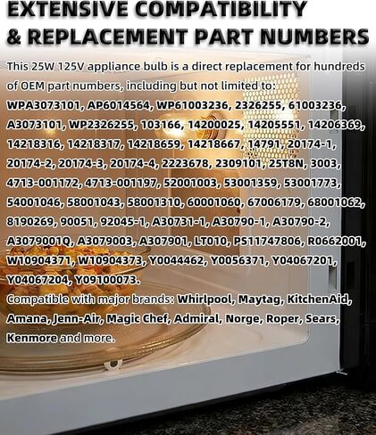 4Pcs WPA3073101 Light Bulb 25W 125V – Compatible with Whirlpool Maytag KitchenAid Amana Refrigerator Freezer Microwave Oven – Replaces AP6014564 WP61003236 2326255 A3073101 PS11747806 and More in Kuwait