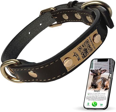 Custom QR Code Dog Collar - Durable Genuine Leather Pet Collar with Engraved ID Tag, Soft Padded Adjustable Neck Strap for Dogs - Brown (Small) in Kuwait