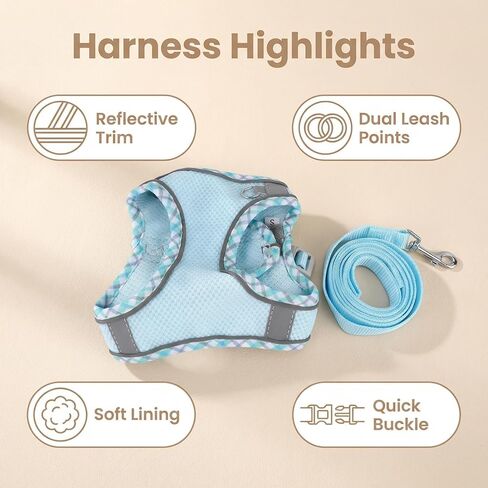 Small Dog Harness Reflective Adjustable Pet Vest in Blue with Soft Lining, Quick-Release Buckle and Dual Leash Attachment Points for Daily Walks and Outdoor Travel in Kuwait