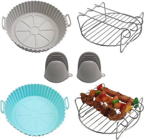 5Pcs Air Fryer Accessories, Air Fryer Liners Silicone, 7.8 inch Reusable Silicone Air Fryer Liner with Stainless Steel Grilling Rack Double Basket Air Fryer Accessories Fits Air Fryer in Kuwait