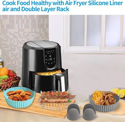5Pcs Air Fryer Accessories, Air Fryer Liners Silicone, 7.8 inch Reusable Silicone Air Fryer Liner with Stainless Steel Grilling Rack Double Basket Air Fryer Accessories Fits Air Fryer in Kuwait