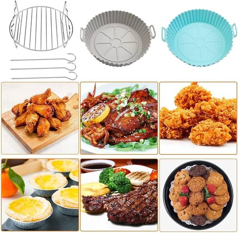 5Pcs Air Fryer Accessories, Air Fryer Liners Silicone, 7.8 inch Reusable Silicone Air Fryer Liner with Stainless Steel Grilling Rack Double Basket Air Fryer Accessories Fits Air Fryer in Kuwait