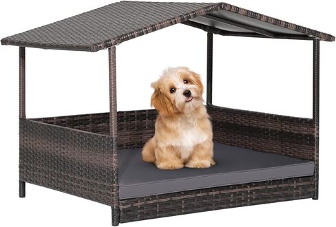 سرير كلب مرتفع من الخيزران من PETSITE مع سقف مقاوم للعوامل الجوية، بيت حيوانات أليفة من الروطان المرتفع داخليًا/خارجيًا مع صالة وسادة قابلة للإزالة للكلاب الصغيرة والمتوسطة in Kuwait